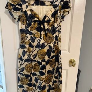 Milly Cream and Gold Rose Midi Dress